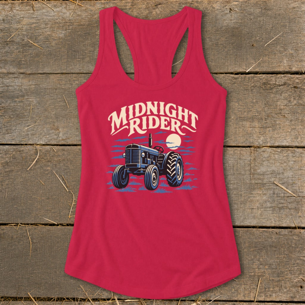 Red racerback tank top with a graphic of a tractor under the text Midnight Rider.