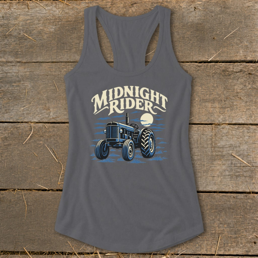 Charcoal gray racerback tank top featuring a graphic of a tractor under the moon with Midnight Rider text.