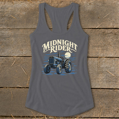 Charcoal gray racerback tank top featuring a graphic of a tractor under the moon with Midnight Rider text.
