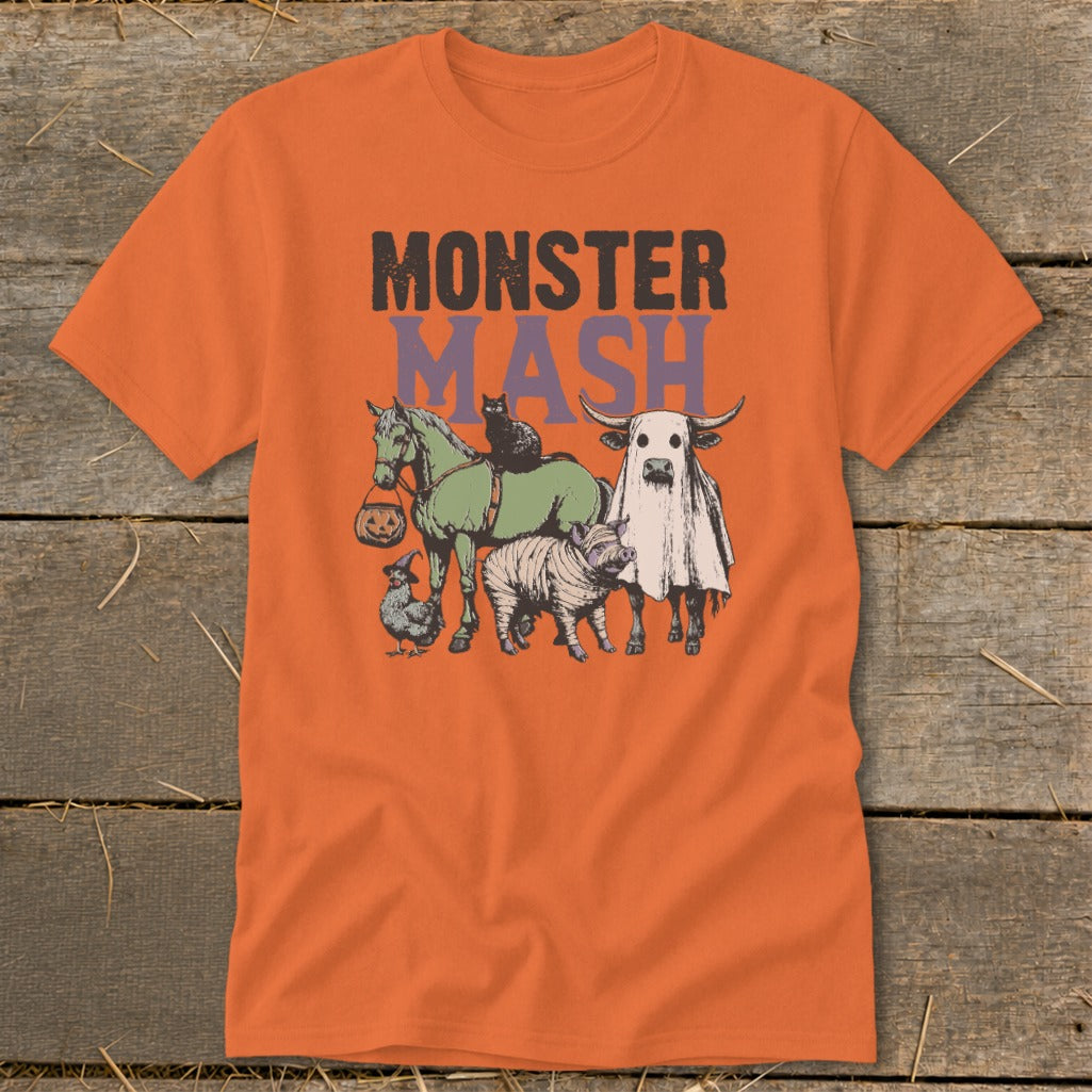 Orange t-shirt with "Monster Mash" text and Halloween-themed farm animals.
