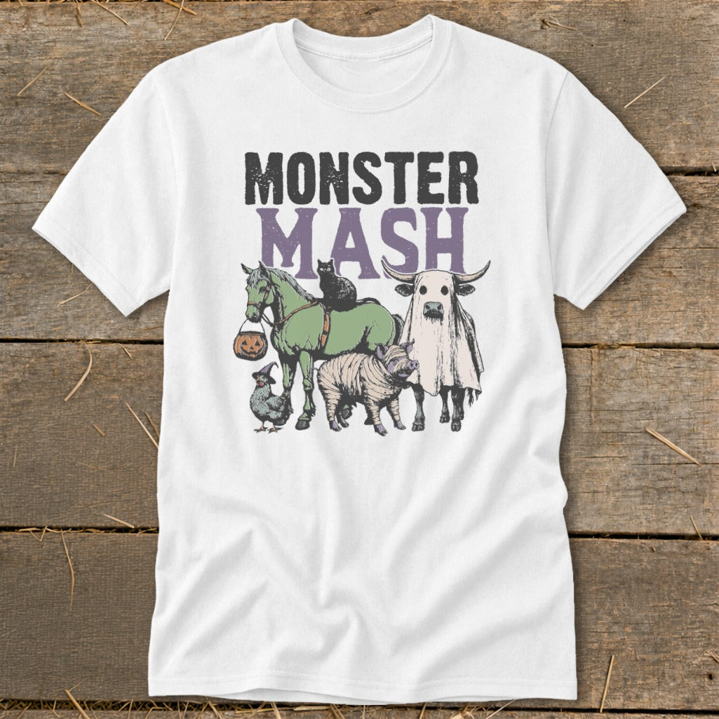 White t-shirt with "MONSTER MASH" text and Halloween-themed farm animals.
