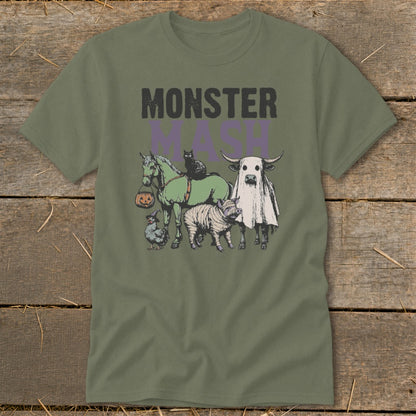 Green t-shirt with "MONSTER MASH" text and Halloween-themed animals.
