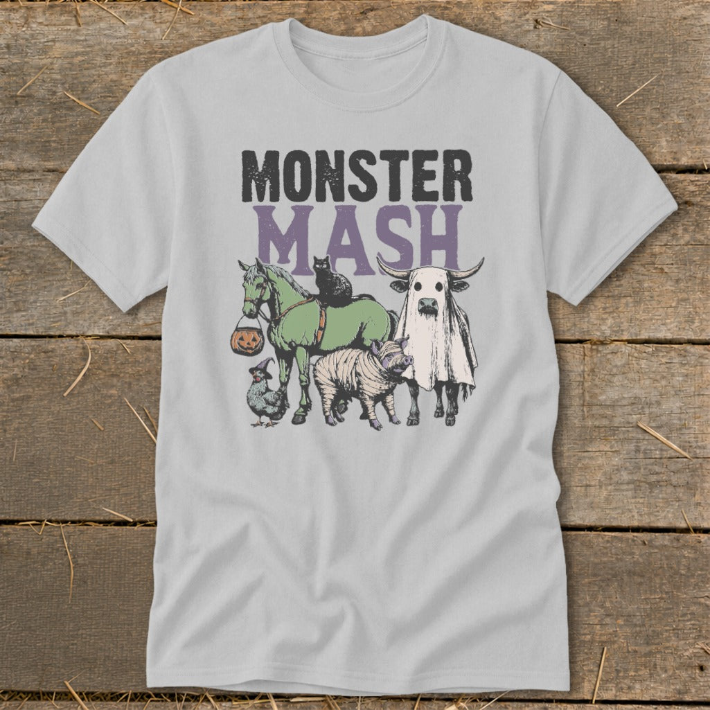 Monster Mash text over a green horse with a cat, a mummy pig, and a cow ghost.