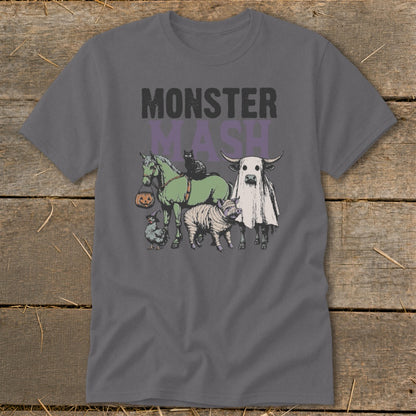 Monster Mash graphic with Halloween-costumed farm animals and a black cat.