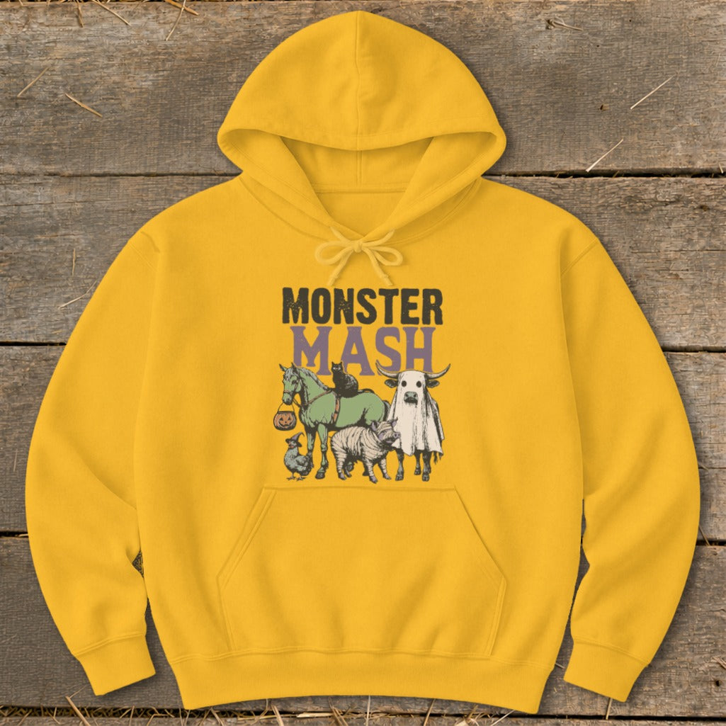 Yellow hoodie with "MONSTER MASH" text and Halloween-themed farm animals graphic.