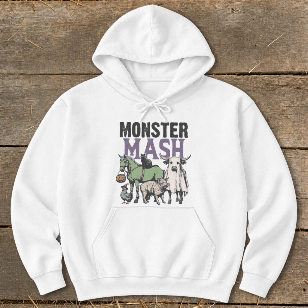 White hoodie with "Monster Mash" text and farm animals in Halloween costumes.