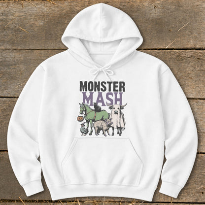 White hoodie with "Monster Mash" text and farm animals in Halloween costumes.
