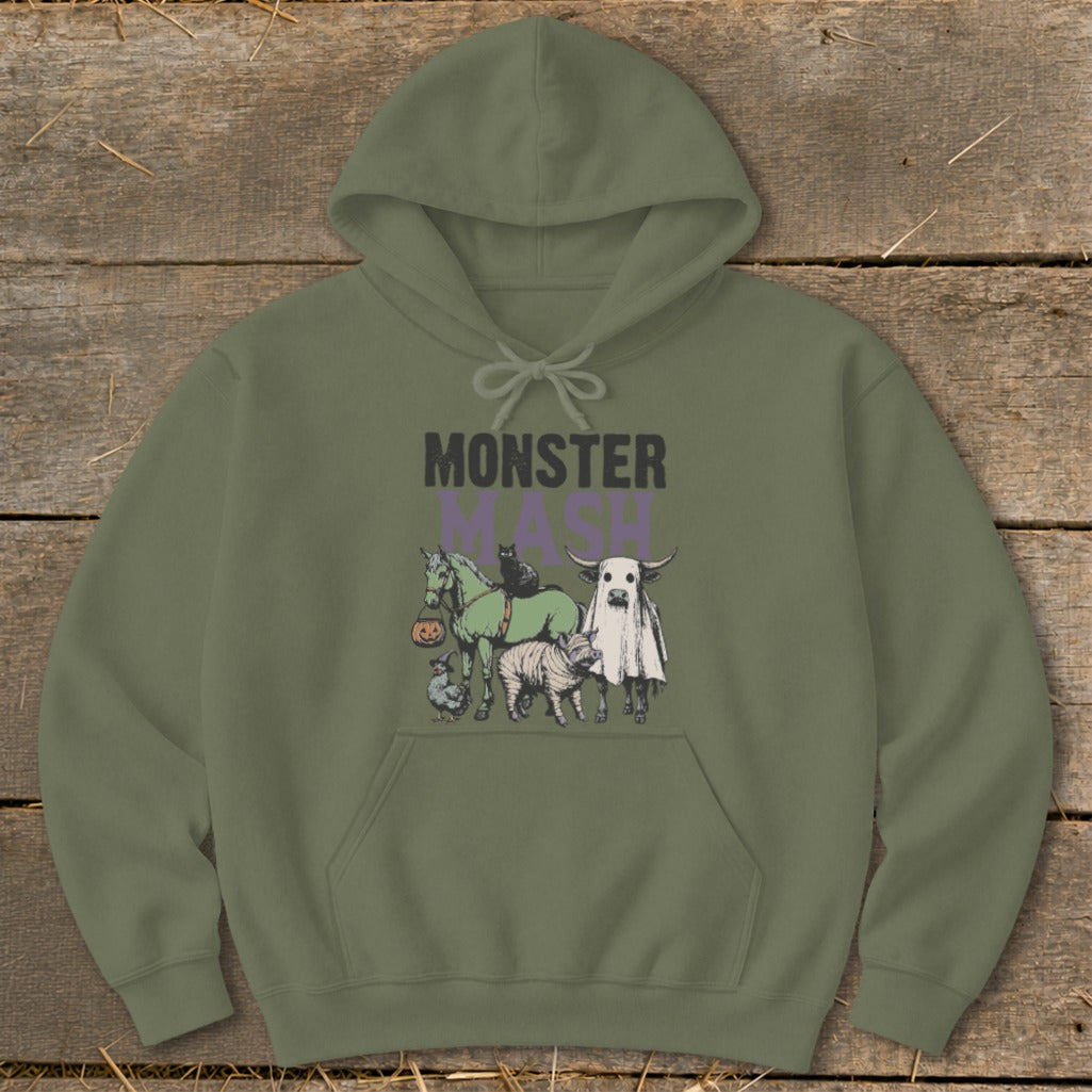Green hoodie with "MONSTER MASH" text and Halloween farm animal graphics.
