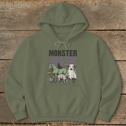 Green hoodie with "MONSTER MASH" text and Halloween farm animal graphics.