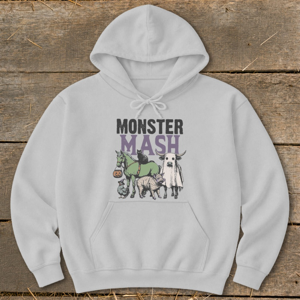 Monster Mash graphic with horse, bull, chicken, and pig on gray hoodie.