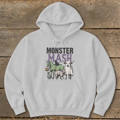 Monster Mash graphic with horse, bull, chicken, and pig on gray hoodie.