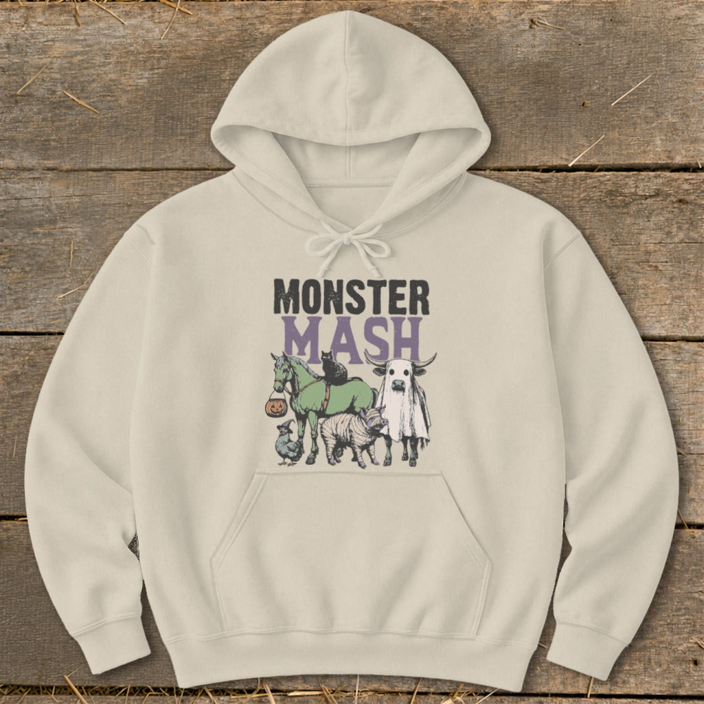 Light cream hoodie with "MONSTER MASH" text and Halloween-themed farm animals graphic.