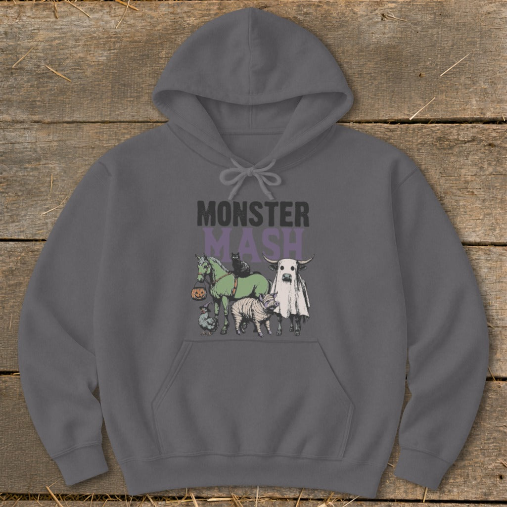 Monster Mash graphic on gray hoodie featuring animals dressed for Halloween.
