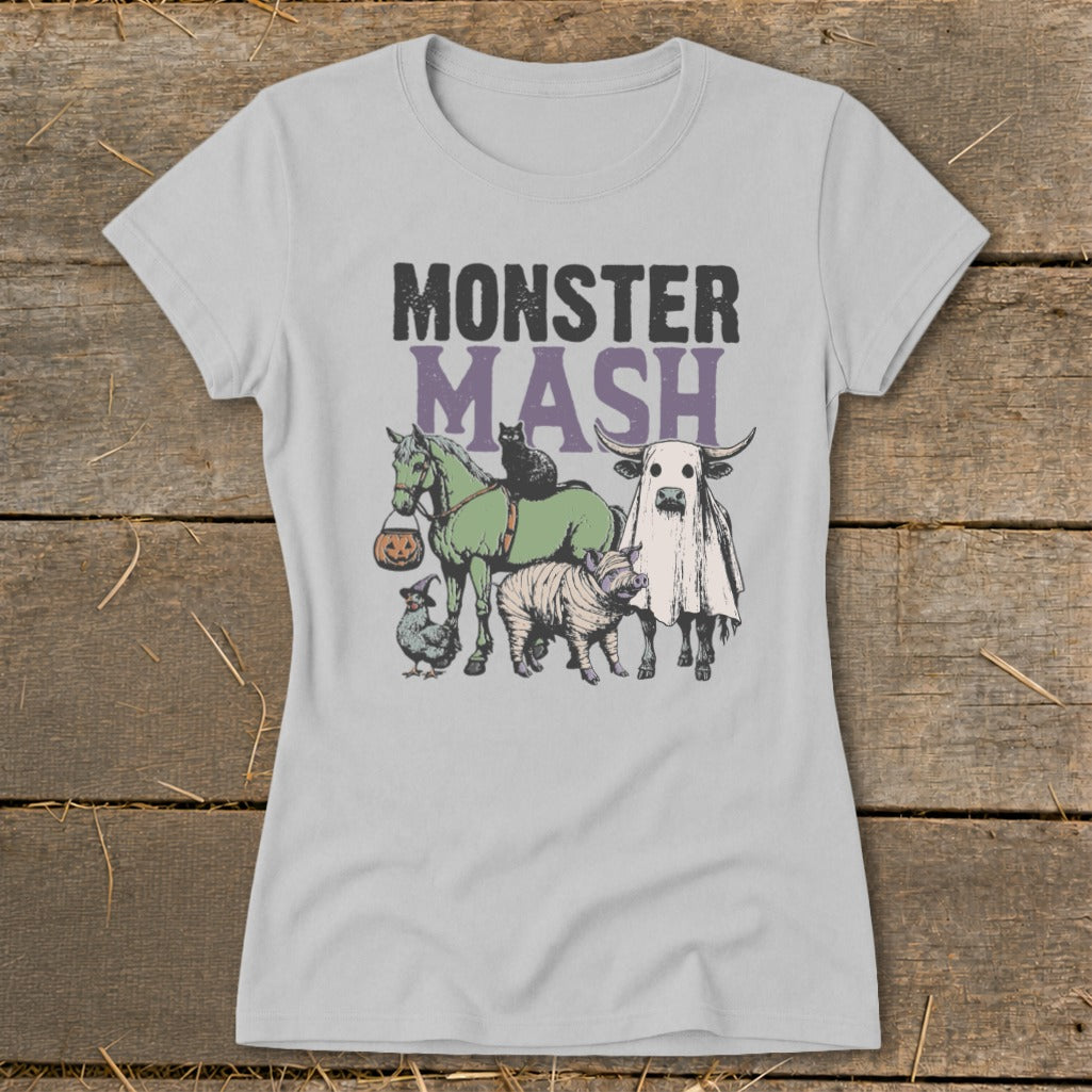 Monster Mash text with horse, cat, chicken, zebra, and cow ghost on a light grey t-shirt.