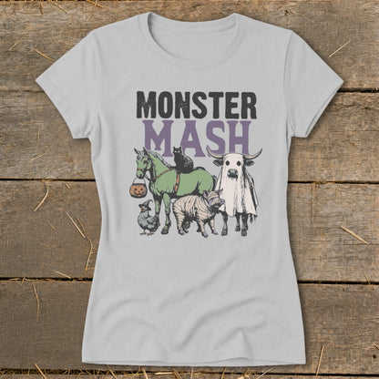 Monster Mash text with horse, cat, chicken, zebra, and cow ghost on a light grey t-shirt.