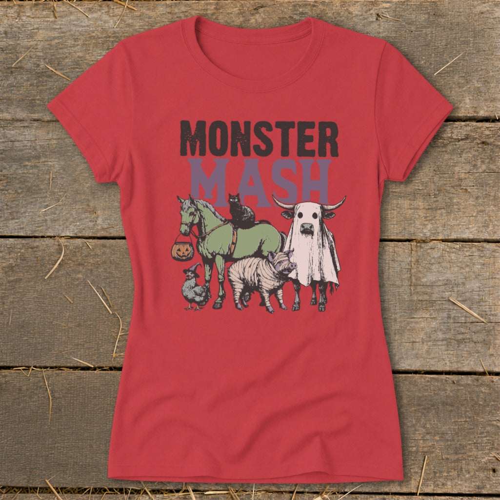 Red t-shirt with "Monster Mash" text and illustrated Halloween-themed animals.