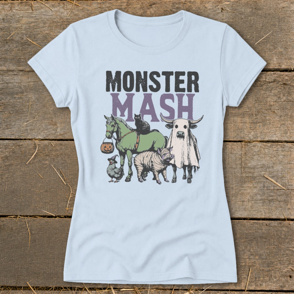 Light blue t-shirt with "Monster Mash" text and cartoon animals in Halloween costumes.
