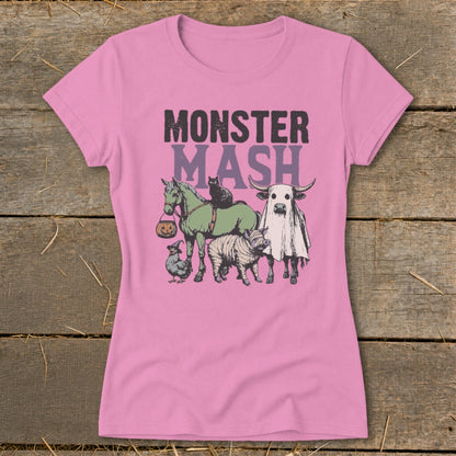Pink t-shirt with "Monster Mash" text and cartoon animals in Halloween costumes.
