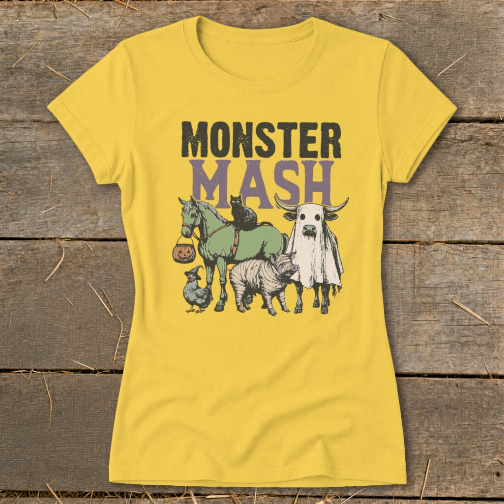 Yellow t-shirt with "MONSTER MASH" text and cartoon animals in costumes.