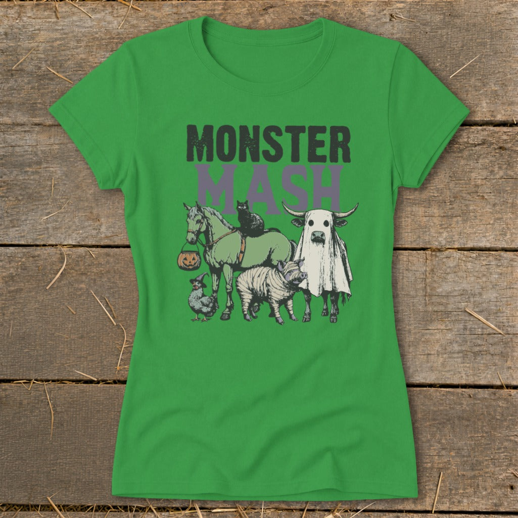 Green t-shirt with "MONSTER MASH" text and Halloween-themed farm animals.