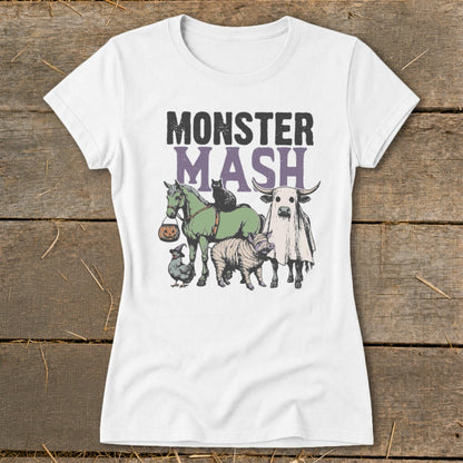 White t-shirt with "Monster Mash" text and illustrated farm animals in costumes.