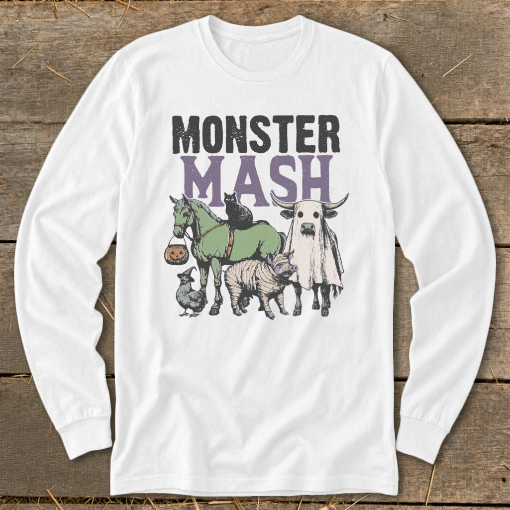 Monster Mash Halloween graphic with farm animals in costume on a white long-sleeve shirt.