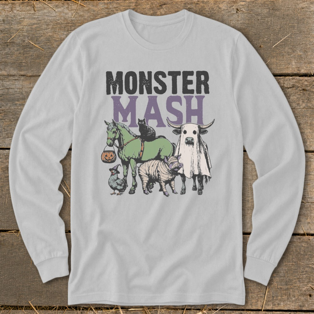 Monster Mash text with a Halloween-themed illustration of farm animals and a ghost cow.