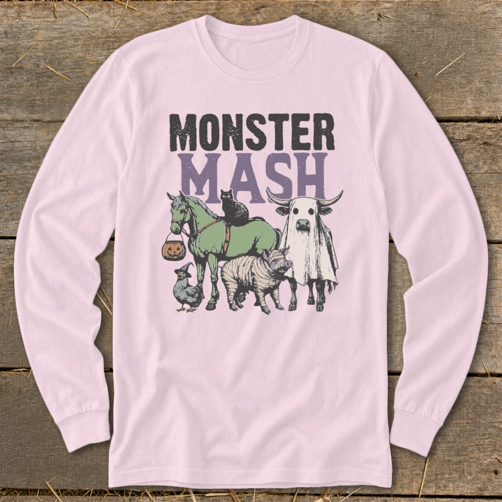 Monster Mash text with horse, cat, cow ghost, chicken, and mummy pig Halloween graphic.