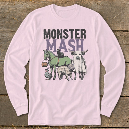 Monster Mash text with horse, cat, cow ghost, chicken, and mummy pig Halloween graphic.