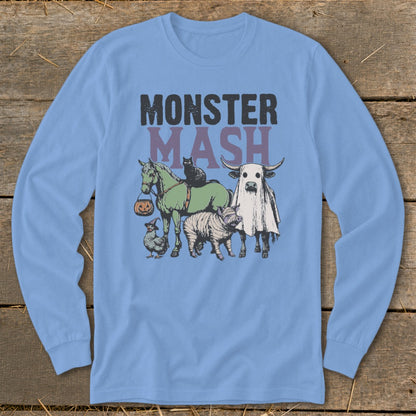 Monster Mash graphic with a horse, chicken, pig, and cow on a blue long-sleeve shirt.