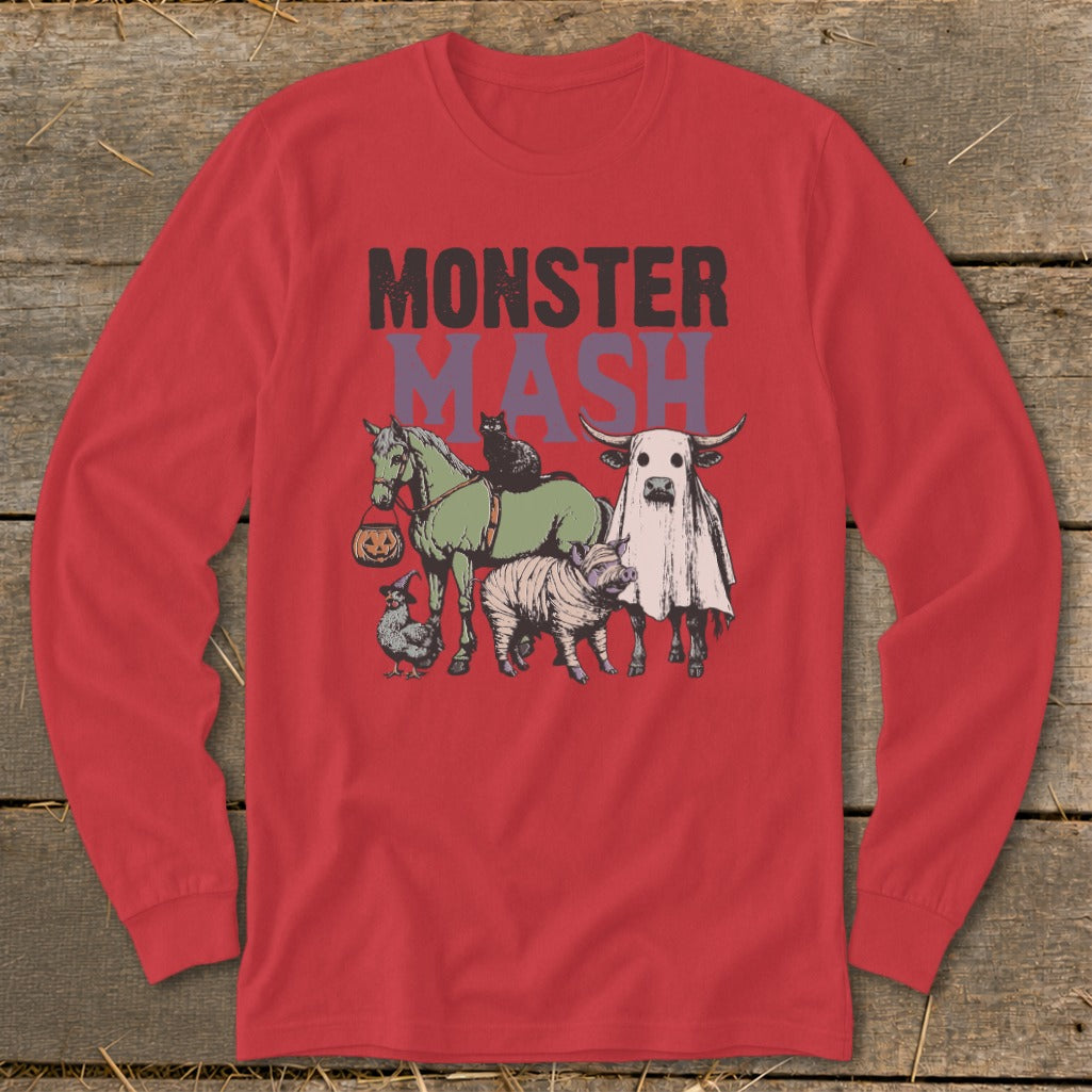 Red long sleeve shirt with "MONSTER MASH" text and Halloween-themed farm animals.