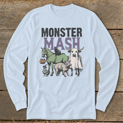 Monster Mash text over cartoon animals: horse, pig, chicken, cow ghost, and cat.
