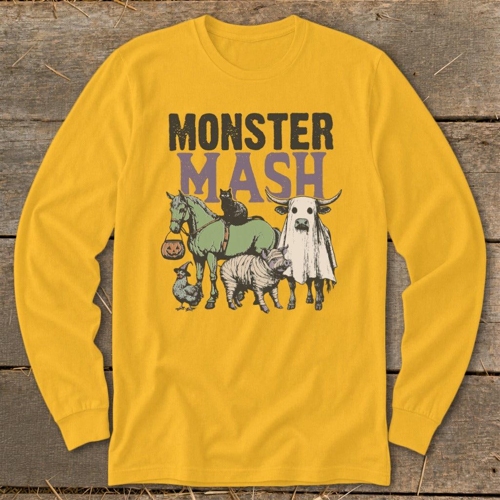 Monster Mash graphic on a yellow long-sleeve shirt with Halloween animals.