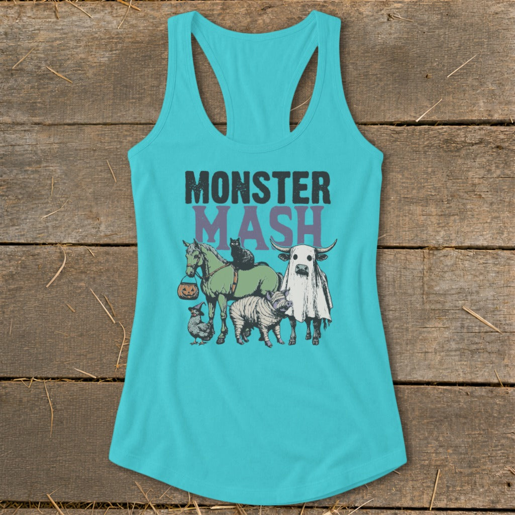 Turquoise tank top with "MONSTER MASH" text and Halloween animal illustrations.