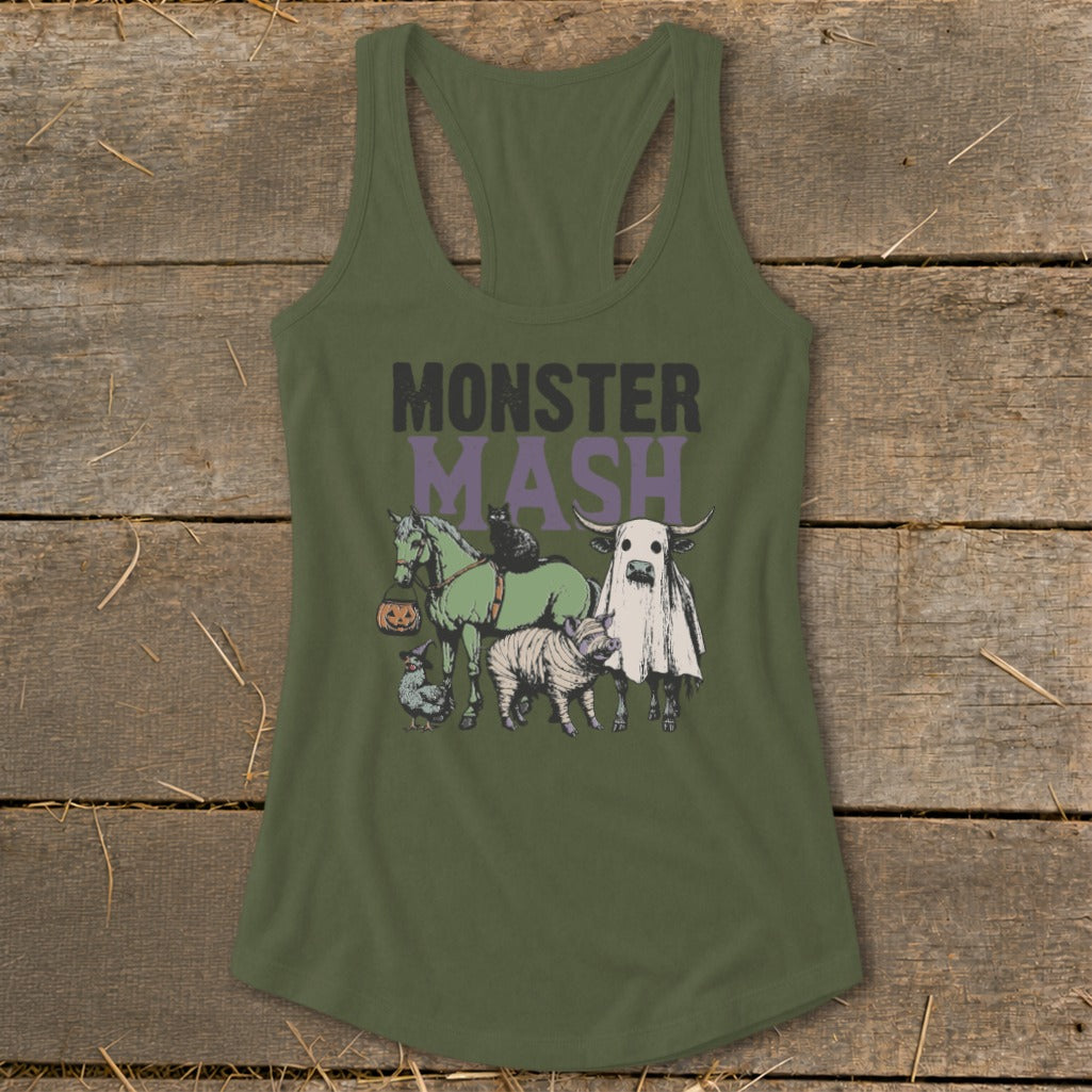 Monster Mash text on tank with Halloween-themed cartoon animals.