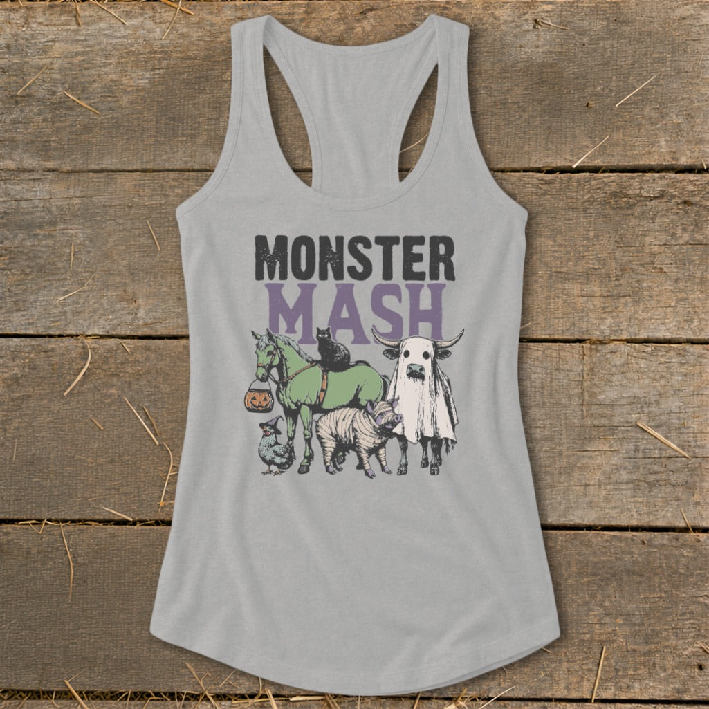 Grey tank top with "Monster Mash" text and Halloween-themed farm animals.