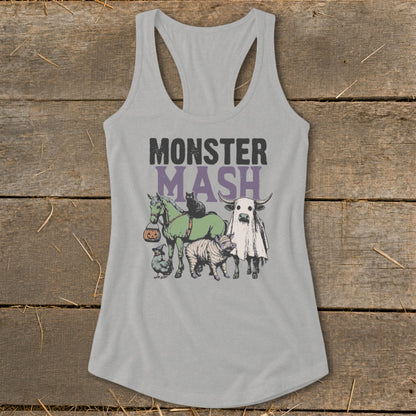 Grey tank top with "Monster Mash" text and Halloween-themed farm animals.
