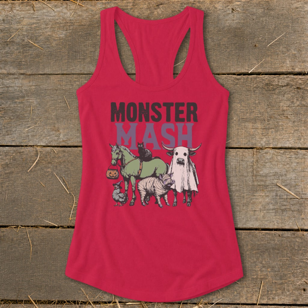 Red tank top with "Monster Mash" text and Halloween-themed farm animals.