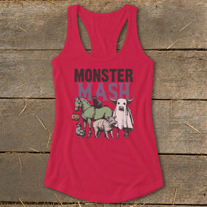 Red tank top with "Monster Mash" text and Halloween-themed farm animals.