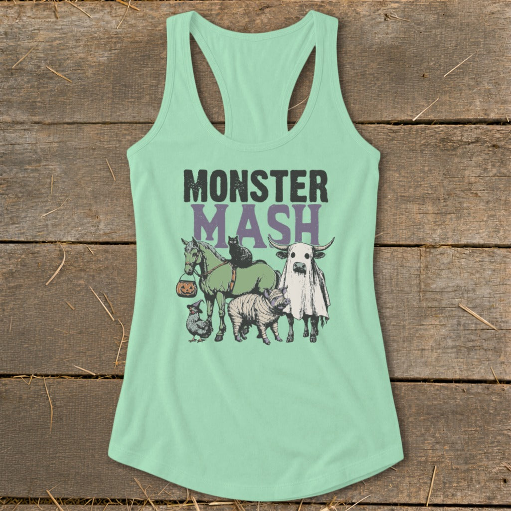 Mint green tank top with "MONSTER MASH" text and Halloween-themed farm animals.