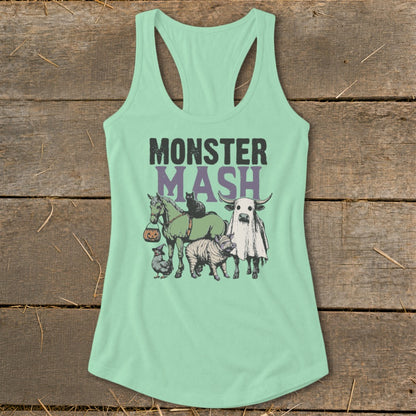 Mint green tank top with "MONSTER MASH" text and Halloween-themed farm animals.