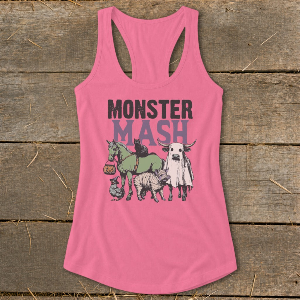 Pink tank top with "Monster Mash" text and cartoon Halloween animals.
