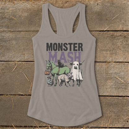 Grey tank top with "Monster Mash" text and Halloween characters including a horse, pig, and cow ghost.