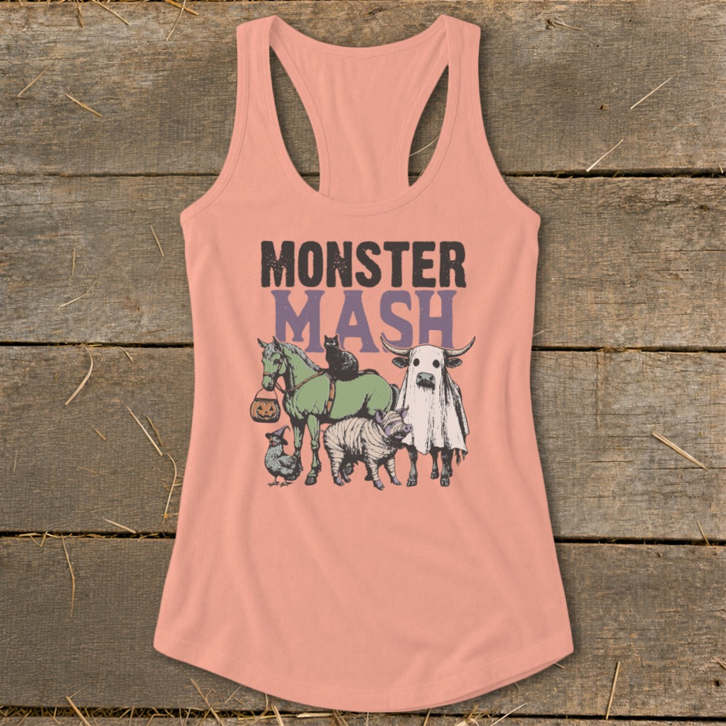 Peach tank top with "Monster Mash" text and Halloween-themed farm animals.