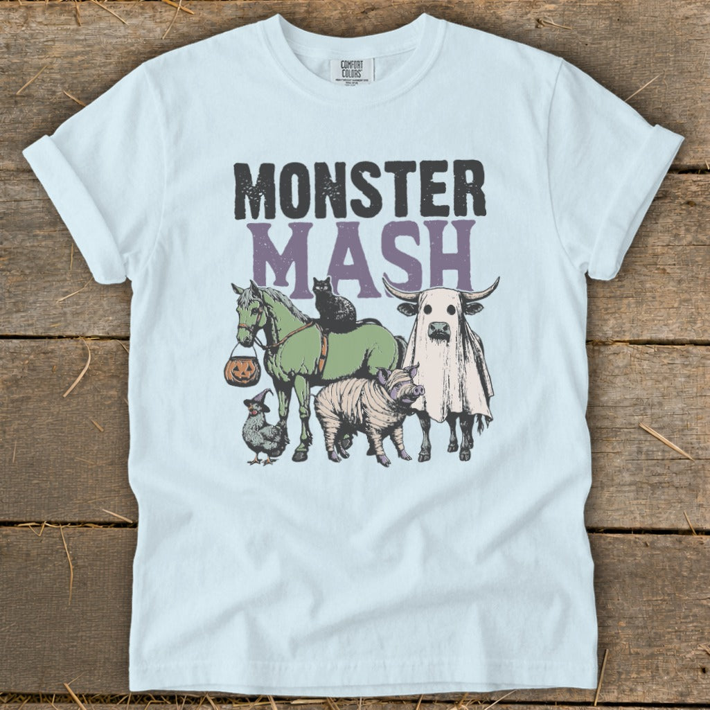Light blue t-shirt with "MONSTER MASH" text and Halloween-themed farm animals.