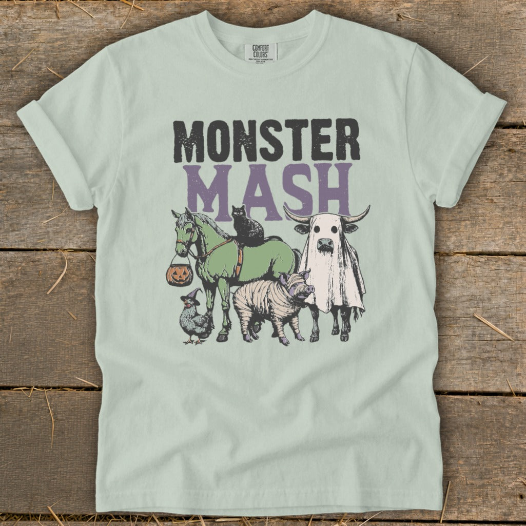 T-shirt graphic with "Monster Mash" text and Halloween-themed farm animals.