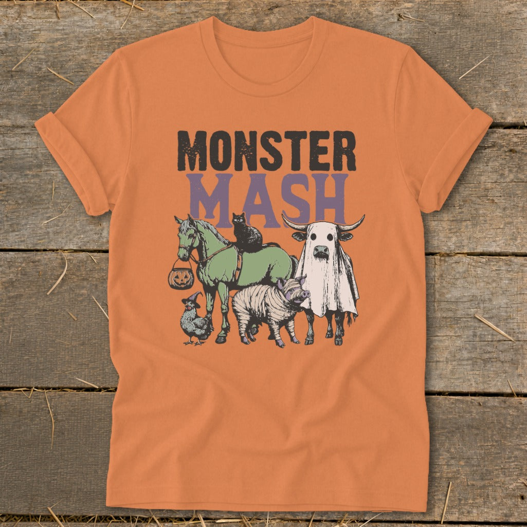 Orange t-shirt with "MONSTER MASH" text and Halloween-themed animals.