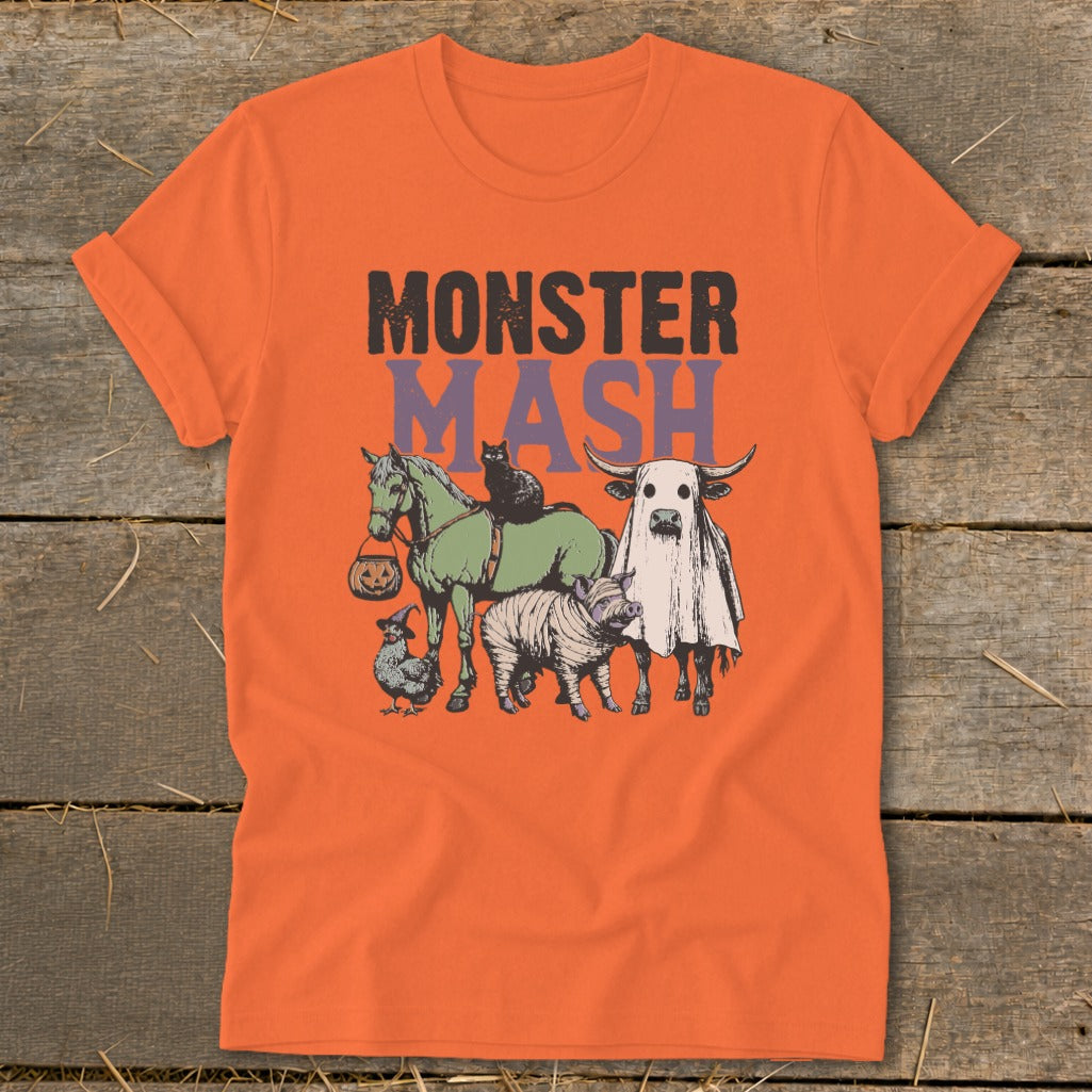 Orange t-shirt with "MONSTER MASH" text and Halloween-themed farm animals.