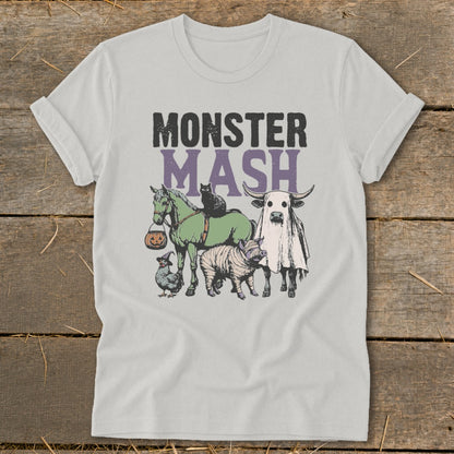 T-shirt with "Monster Mash" text and Halloween farm animals including a cow ghost, mummy pig, and horse.