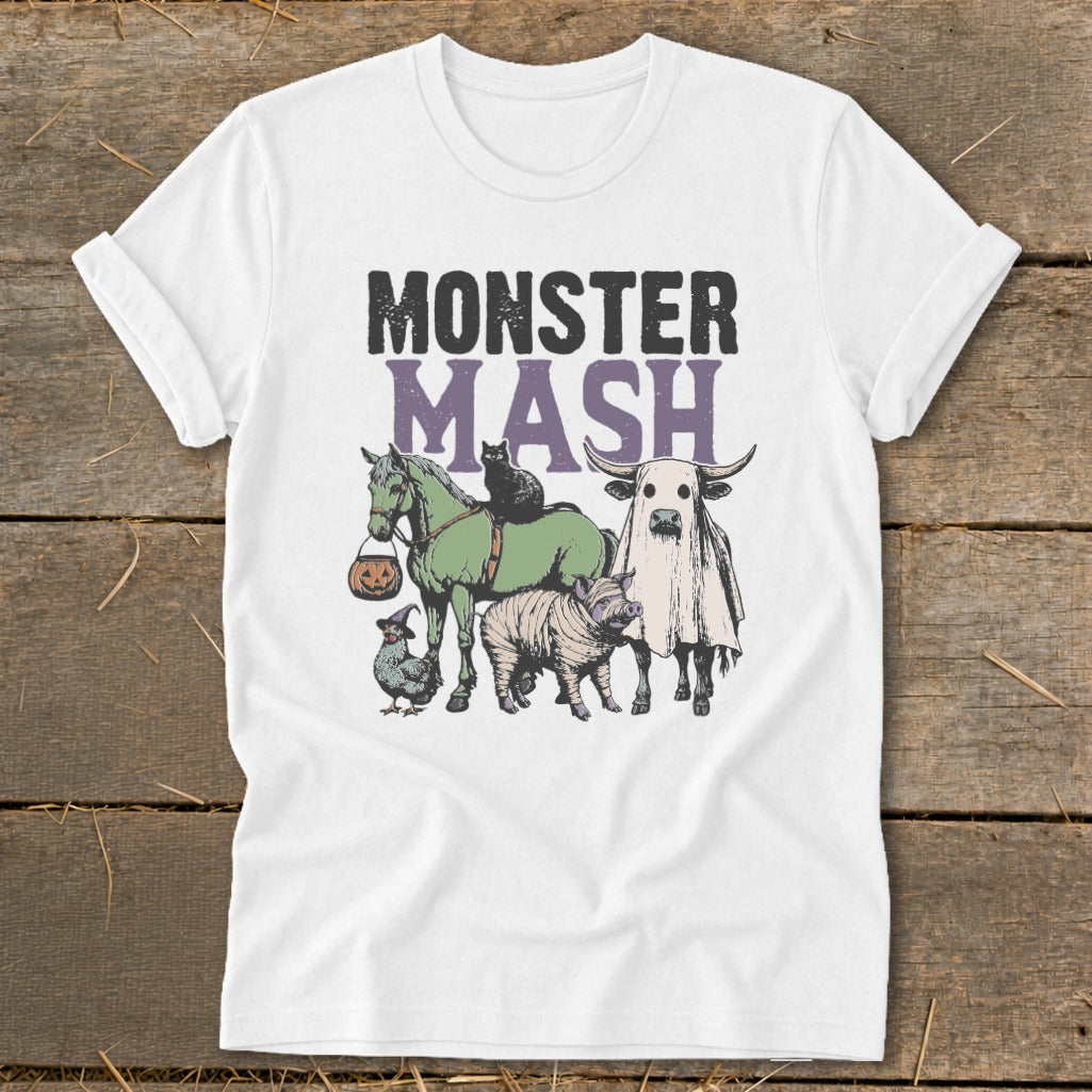 White t-shirt with "Monster Mash" text and Halloween-themed farm animals.